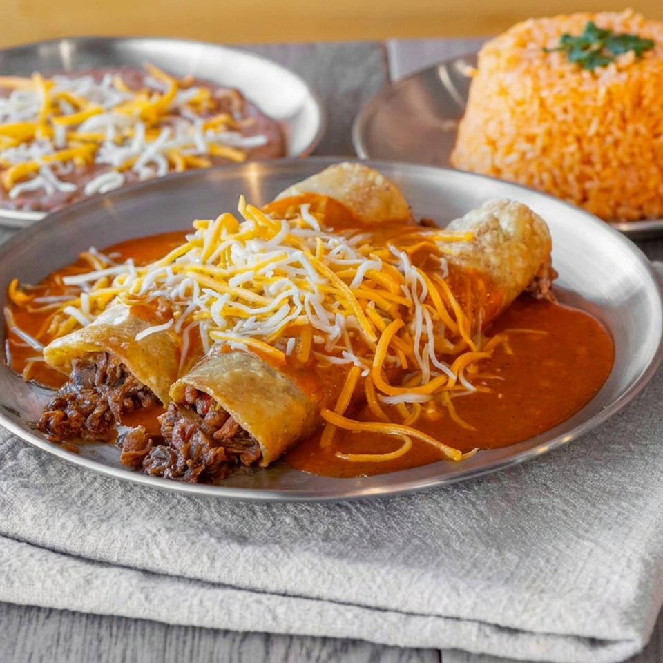 Plated Mexican meal featuring cheese-topped enchiladas, rice, and beans in red sauce on a rustic wooden table.