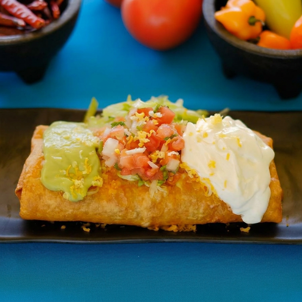 Crispy golden chimichanga topped with guacamole, sour cream, pico de gallo, and cheese on a black plate surrounded by salsa.