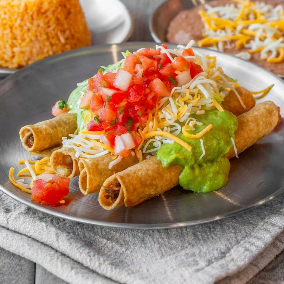 Crispy rolled tacos topped with guacamole, shredded cheese, lettuce, and pico de gallo, served with Mexican rice and beans.