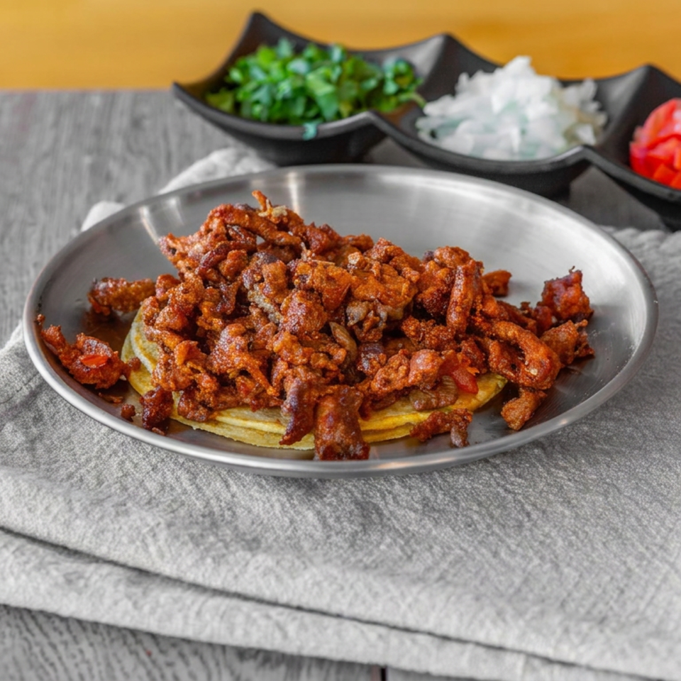 Plate of crispy spiced fried pieces over sliced plantains, accompanied by bowls of chopped green onions, onions, and tomatoes.