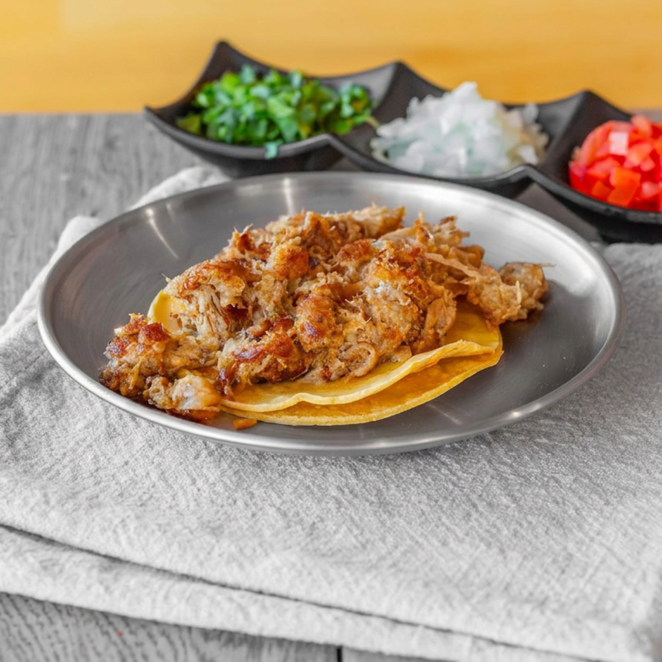 Crispy fried seafood tacos on a metal plate, served with chopped cilantro, onion, and tomatoes on a rustic table.