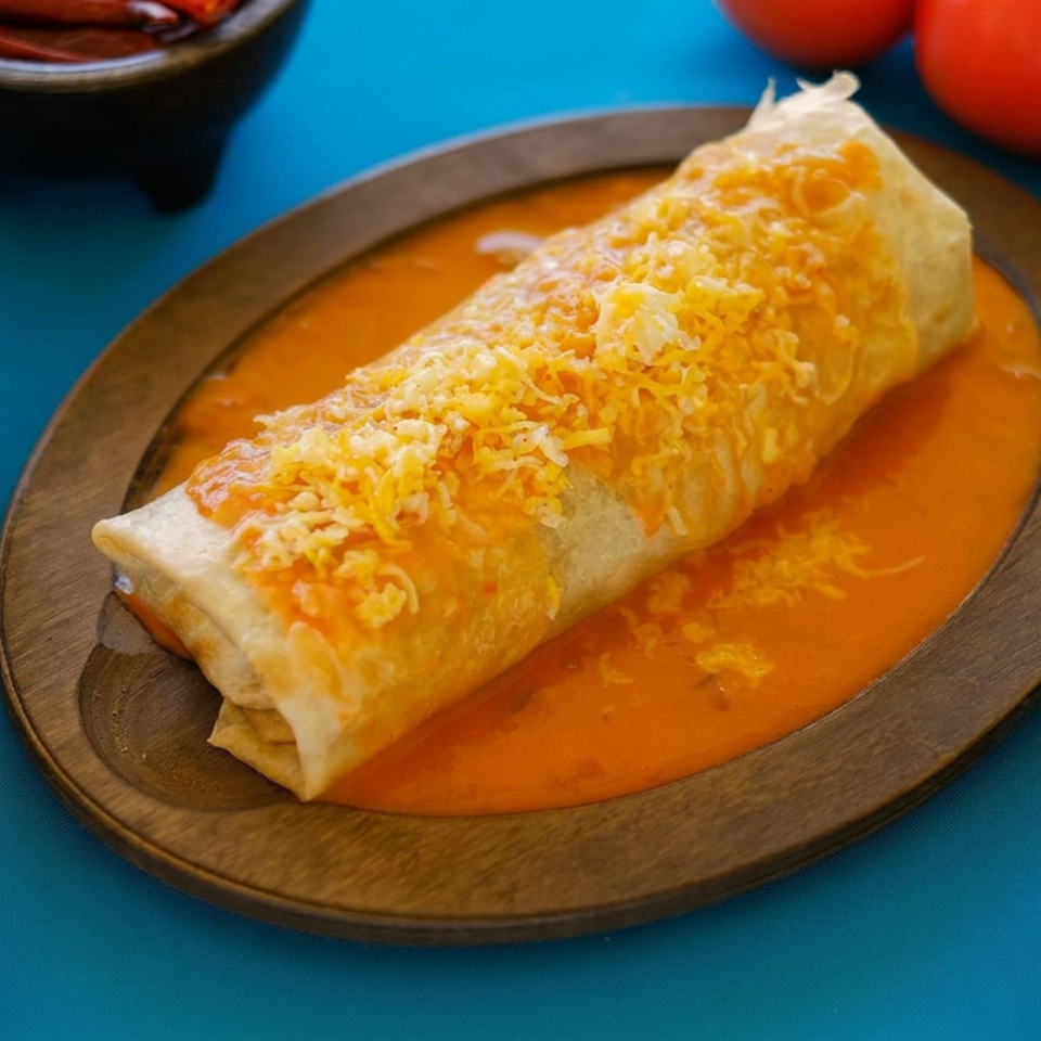 Cheesy burrito covered in orange sauce on a wooden platter, surrounded by tomatoes, peppers, lime wedges, and salsa bowls.