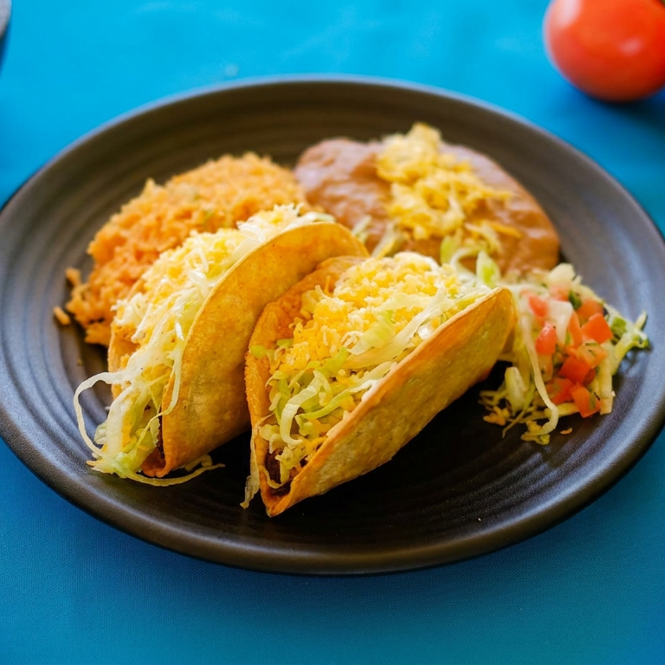 Two crispy tacos filled with seasoned meat, lettuce, cheese, and salsa sit beside rice, beans, sauces, tomatoes, chilies, and lime wedges.